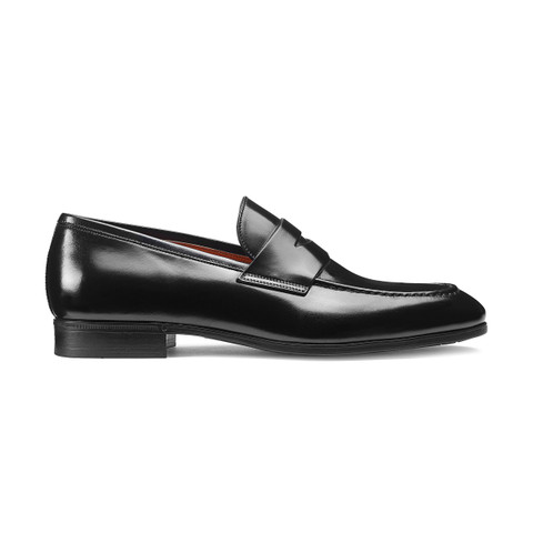 Men's black leather penny loafer | Santoni Shoes