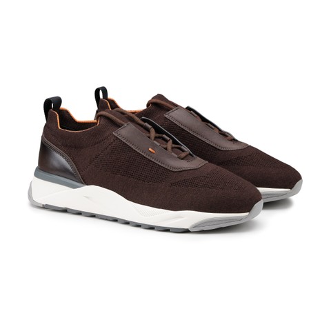 メンズ ファブリック＆レザー スニーカー ダークブラウン | Santoni Shoes