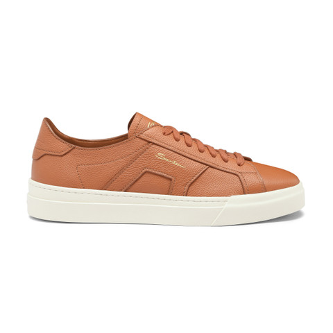 Shop Santoni Men's Orange Tumbled Leather Double Buckle Sneaker