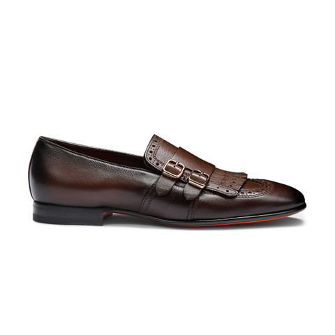 Men’s brown leather double-buckle loafer with fringe | Santoni Shoes