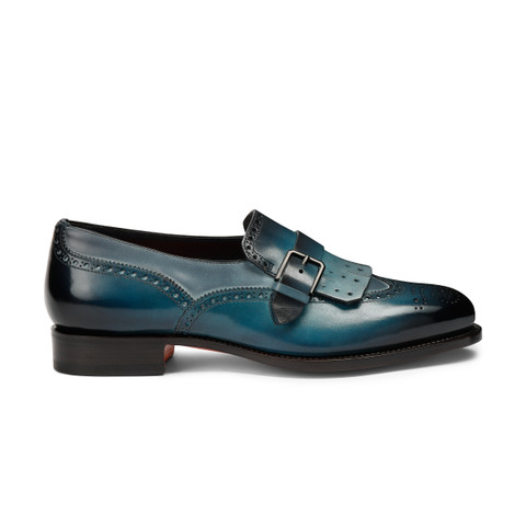 Men's blue leather single-buckle loafer with fringe | Santoni Shoes