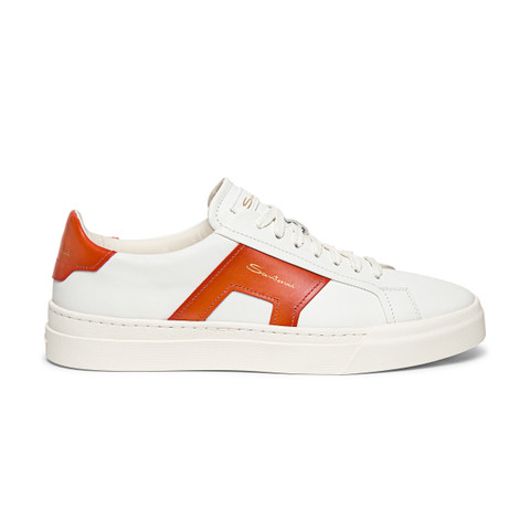 Men’s white and orange leather double buckle sneaker | Santoni Shoes