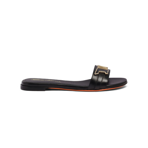 Women's black leather slide sandal | Santoni Shoes