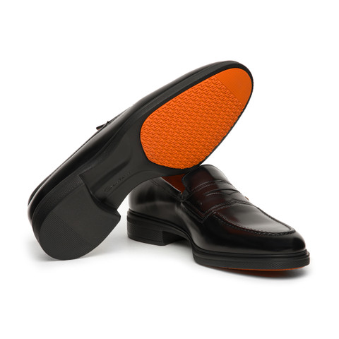 メンズ ブラックレザー Easy ペニーローファー | Santoni Shoes
