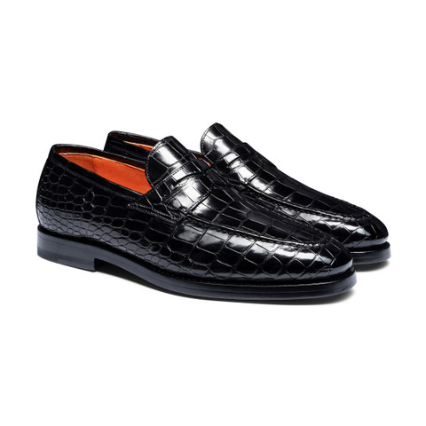 Men's black alligator leather penny loafer | Santoni Shoes