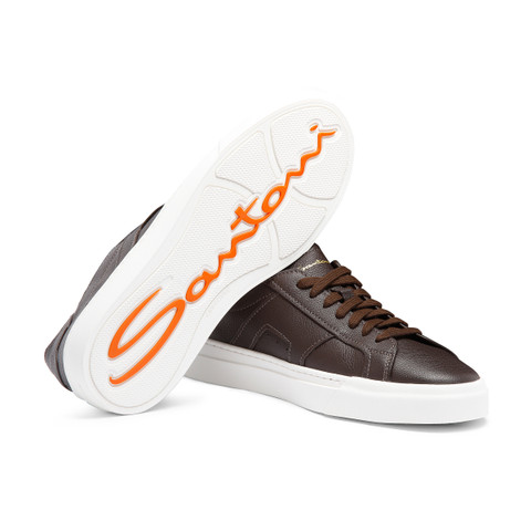 Men's dark brown tumbled leather Double Buckle Sneaker | Santoni US