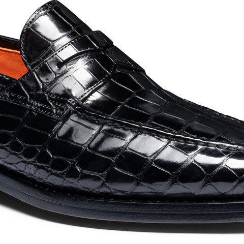 ペニーノエンカルナシオン Men's black alligator leather penny loafer | Santoni Shoes