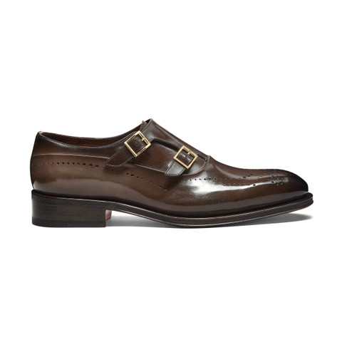 【SANTONI】メンズ ダブルバックル ブローグ ブラウンレザー メンズ レザー ダブルバックルブローグシューズ ブラウン