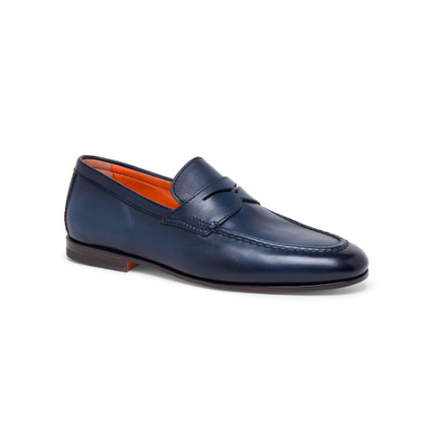 Men's polished brown leather penny loafer | Santoni Shoes