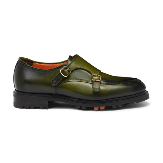 Shop Santoni Men's Green Leather Double-buckle Shoe In Grun