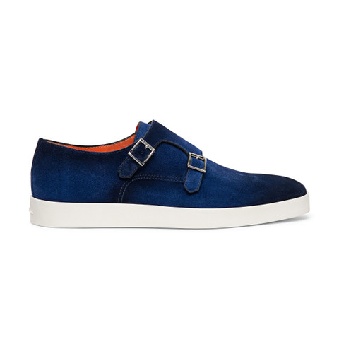 Shop Santoni Men's Blue Suede Double-buckle Shoe