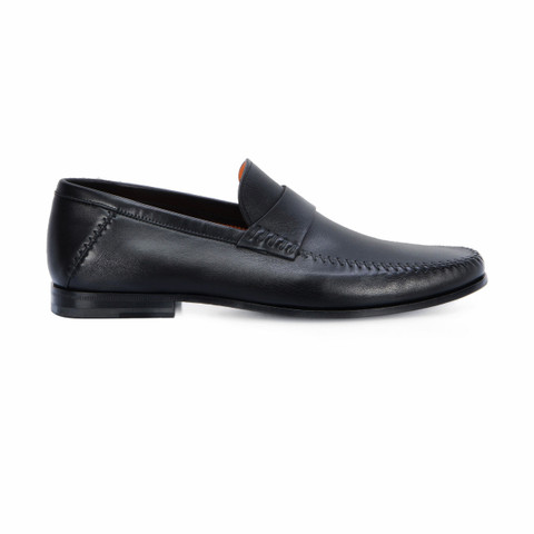 Men's black leather penny loafer | Santoni Shoes