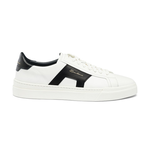 Shop Santoni Men's White And Black Leather Double Buckle Sneaker