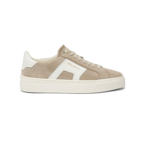 Women’s beige and white suede and leather double buckle sneaker ...