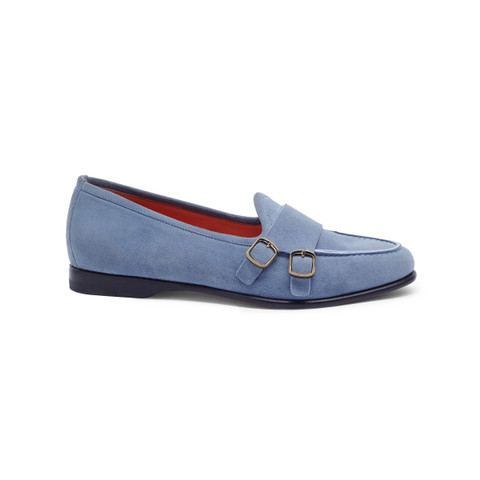 Shop Santoni Women's Light Blue Suede Andrea Double-buckle Loafer