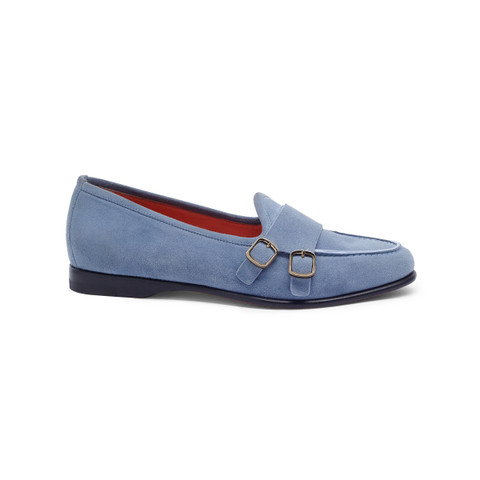 Women's light blue suede Andrea double-buckle loafer | Santoni Shoes