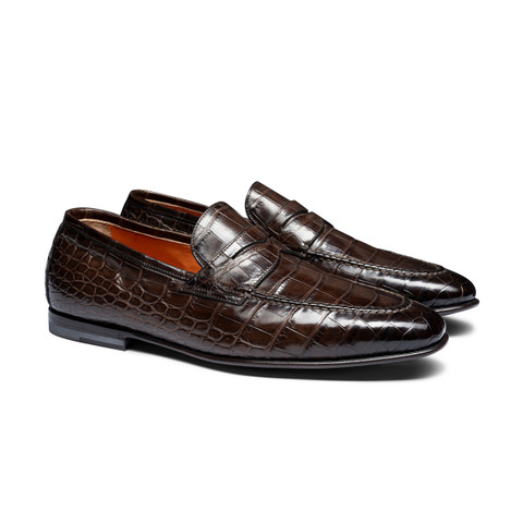 ペニーノエンカルナシオン Men's black alligator leather penny loafer | Santoni Shoes