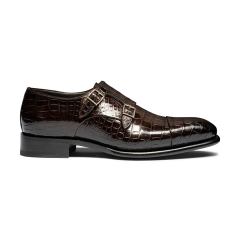 Men's dark brown alligator leather double-buckle shoe | Santoni Shoes