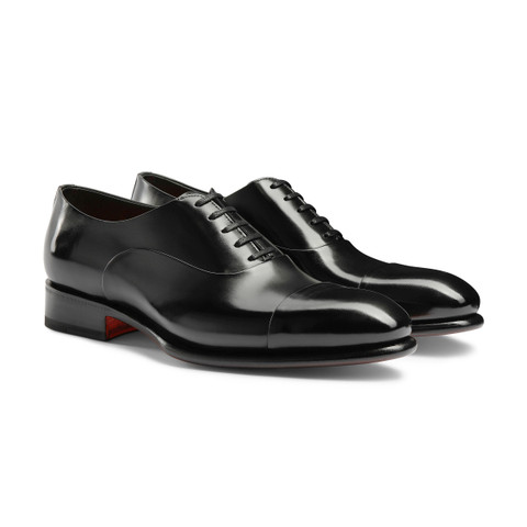 Santoni Men's Polished Black Leather Oxford Shoe, Size: 6