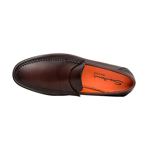 Men's polished brown leather penny loafer | Santoni US