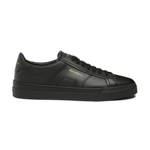 Men’s black leather double buckle sneaker | Santoni Shoes