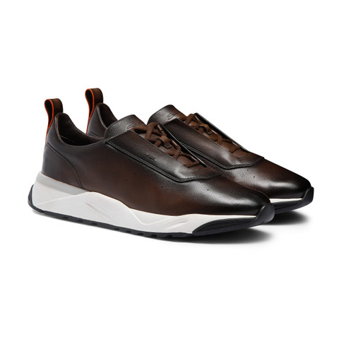メンズ レザースニーカー ダークブラウン | Santoni Shoes
