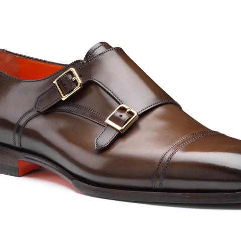 Men's dark brown leather double monk straps shoe | Santoni Shoes