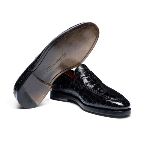 Men's black alligator leather penny loafer | Santoni Shoes