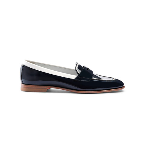 Women's blue and white patent leather penny loafer | Santoni Shoes