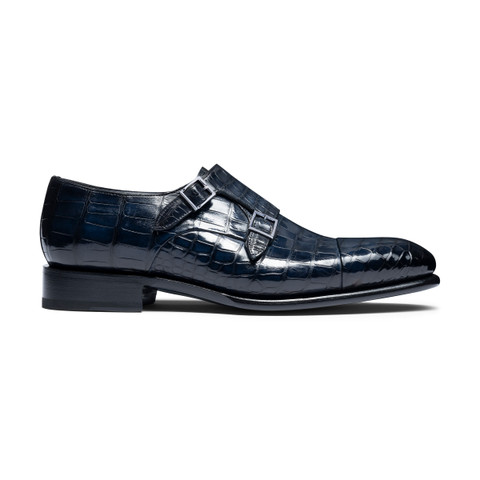 Men's blue alligator leather double-buckle shoe | Santoni Shoes