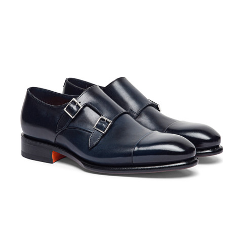 Men's polished blue leather double monk straps shoe | Santoni NL