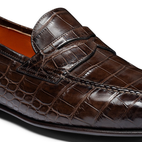 Men's black alligator leather penny loafer | Santoni Shoes