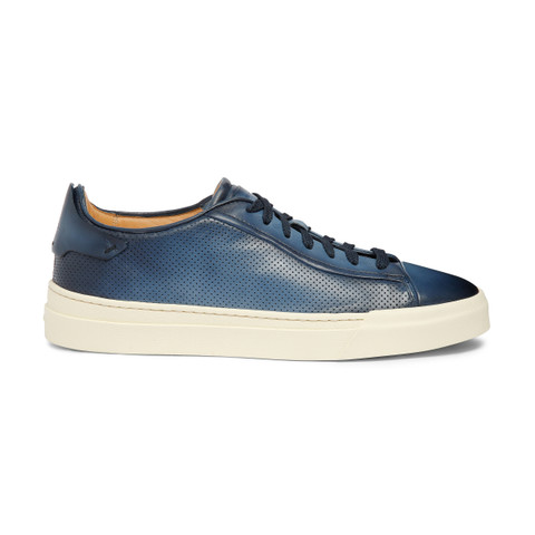 Men's polished blue leather perforated-effect sneaker | Santoni Shoes
