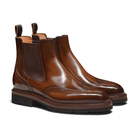 mens brown dress boots sale Santoni Men’s Leather Chelsea Brogue Boot Urbino Brown, Size: 11.5 Upper made with full