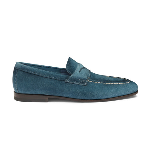 Men's blue suede penny loafer | Santoni Shoes