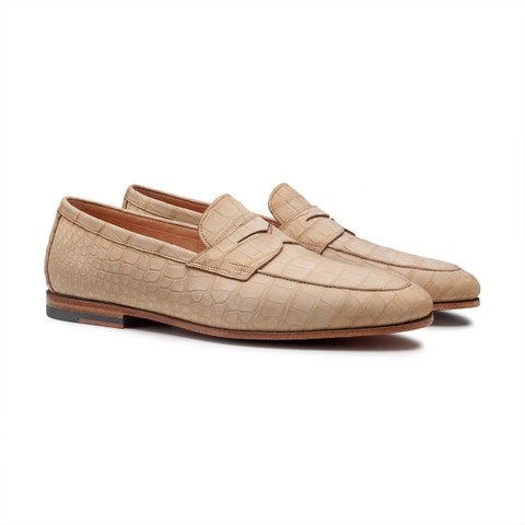 Men's beige alligator nubuck penny loafer | Santoni US