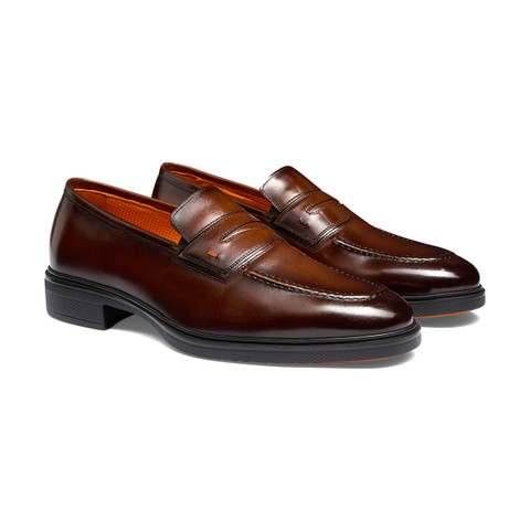 メンズ ブラックレザー Easy ペニーローファー | Santoni Shoes