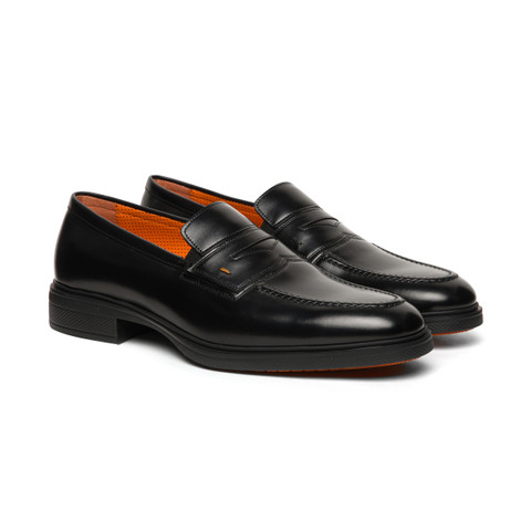 メンズ ブラックレザー Easy ペニーローファー | Santoni Shoes