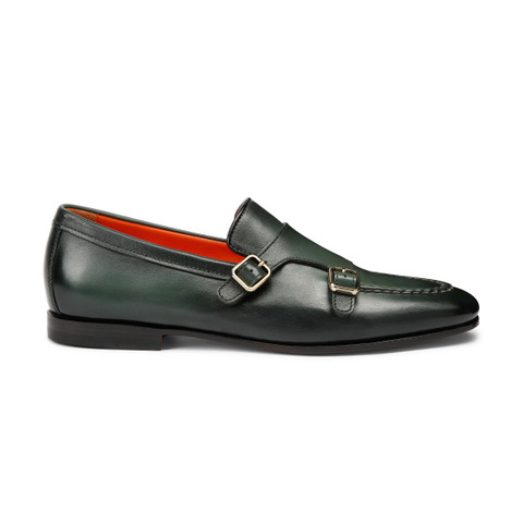 Shop Santoni Men's Green Leather Double-buckle Loafer