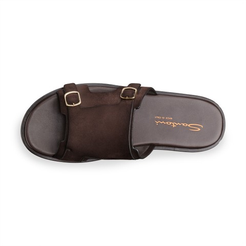 Men's dark brown suede double-buckle sandal | Santoni US