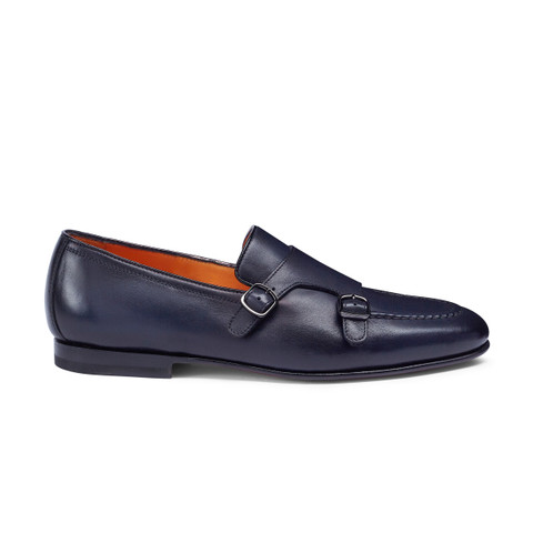 Men's polished blue leather double-buckle loafer | Santoni Shoes