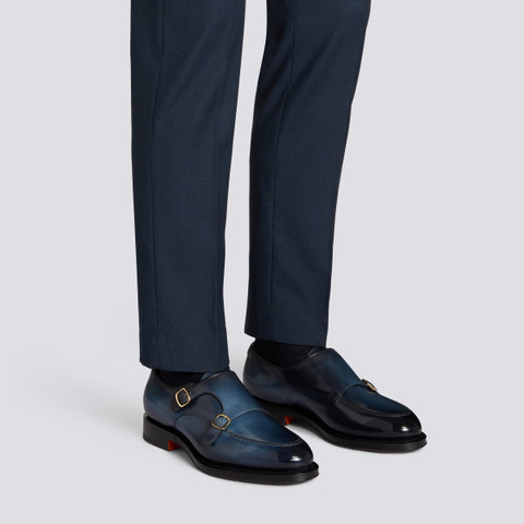 Santoni ダブルモンクストラップ ネイビー 7.5 Men's blue leather double monk straps shoe | Santoni US