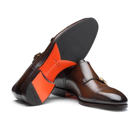 Men's dark brown leather double monk straps shoe | Santoni Shoes