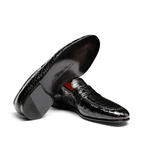 Men's black alligator leather penny loafer | Santoni Shoes