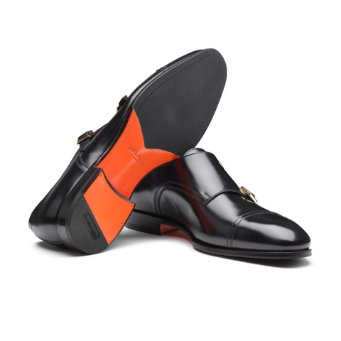 Men's black leather double monk straps shoe | Santoni US