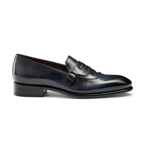 Men's blue leather single-buckle loafer | Santoni Shoes