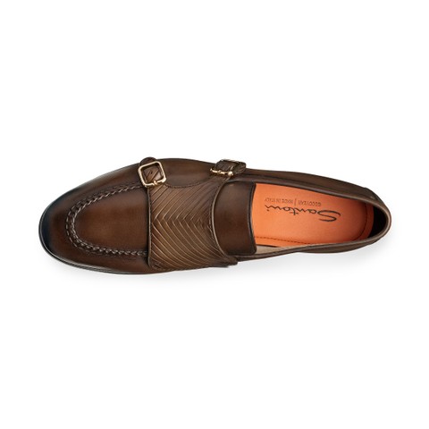 メンズ レザー ダブルバックルローファー ダークブラウン | Santoni Shoes