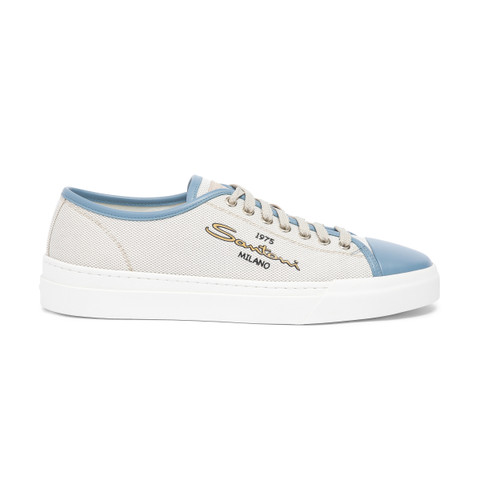 Santoni Men's Blue Leather And Canvas Sneaker Natural In Neutral