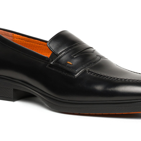 メンズ ブラックレザー Easy ペニーローファー | Santoni Shoes
