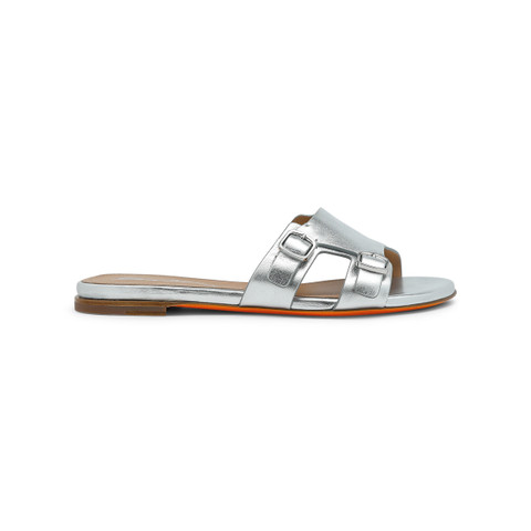 【関税&送料込】Santoni Cappuccino Leather Didi Slippers Women's silver laminated leather double-buckle Didi slide